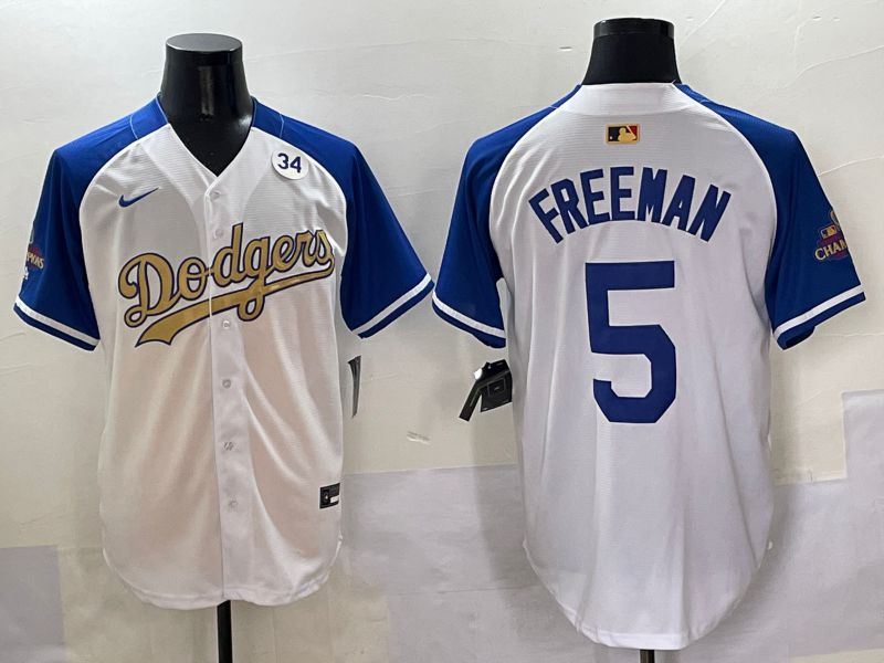 Men Los Angeles Dodgers #5 Freeman White Blue Champion gold character Nike 2025 MLB Jersey style 5057->los angeles dodgers->MLB Jersey